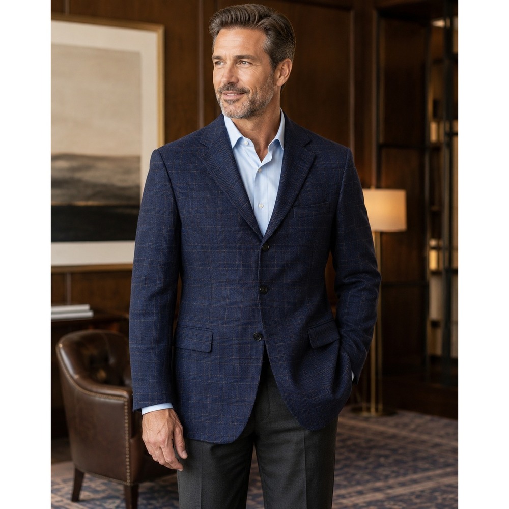 Oxxford Clothes Blazer 44R Navy Plaid Wool Cashmere Sport Coat 3 Button